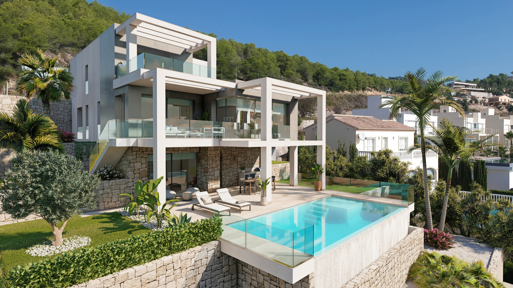 Nieuw gebouwde villa in Calpe gelegen in een zeer rustige omgeving, met spectaculair uitzicht. Zeer goed bereikbaar, op slechts 5 minuten van het centrum van Calpe.